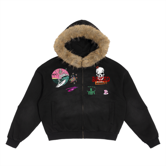Baked Jacket, Sun Fade Boxy Detachable Fur Hoodie