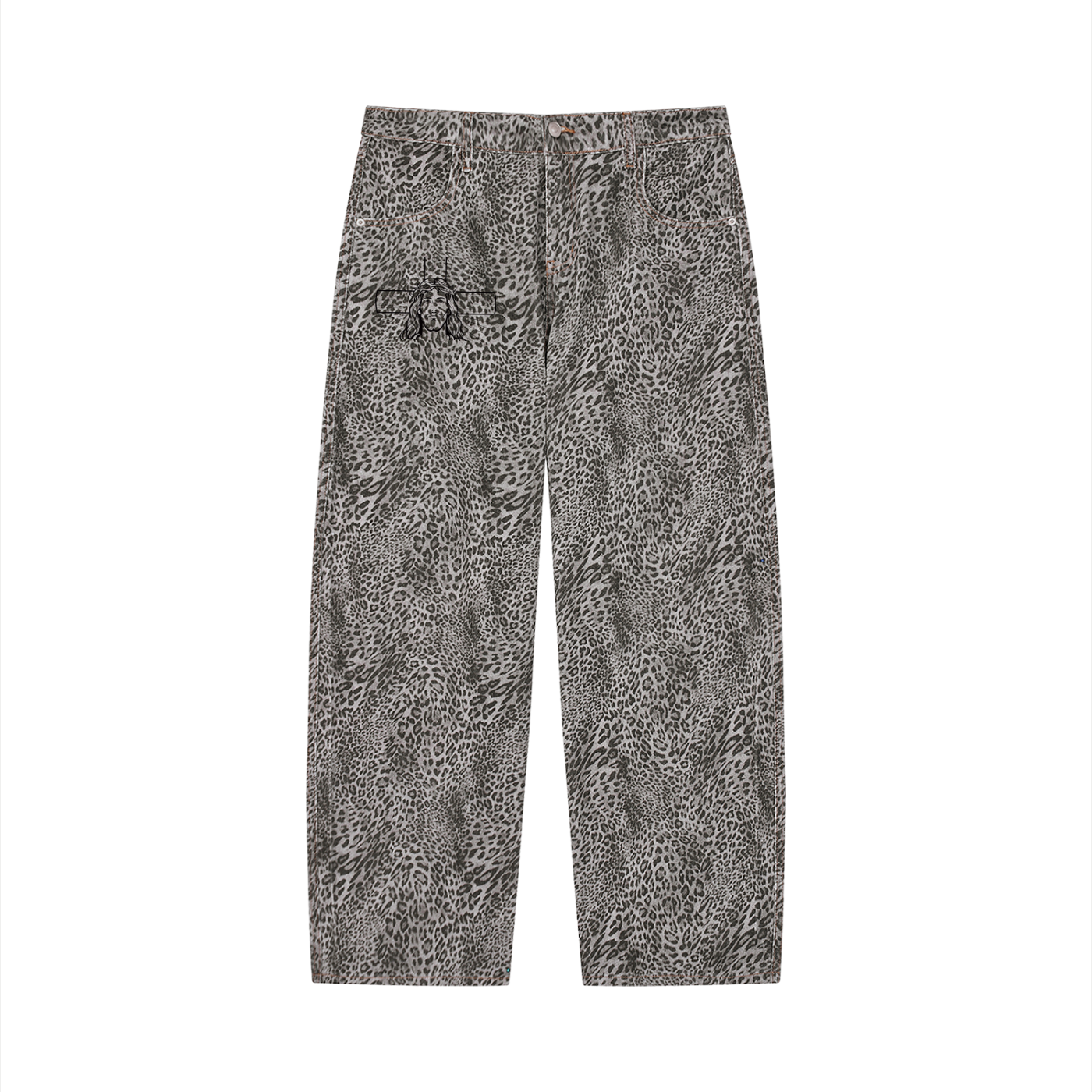 JsUnisex Vintage Wash Leopard Wide Leg Jeans