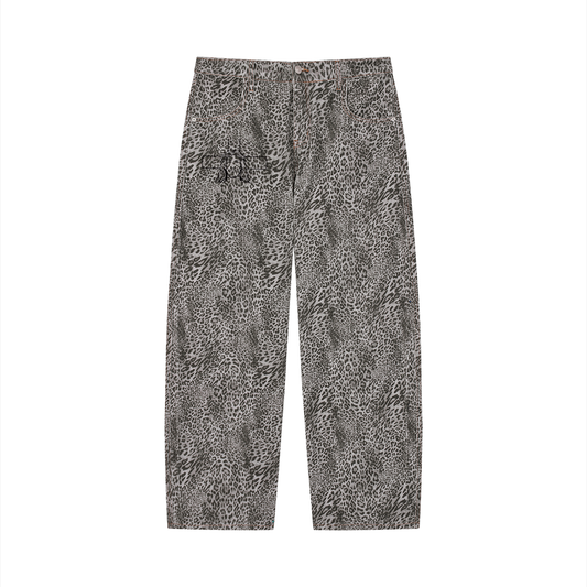 JsUnisex Vintage Wash Leopard Wide Leg Jeans