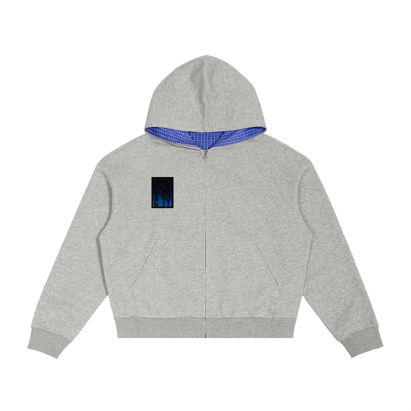 Contrast Plaid Boxy Zip Hoodie