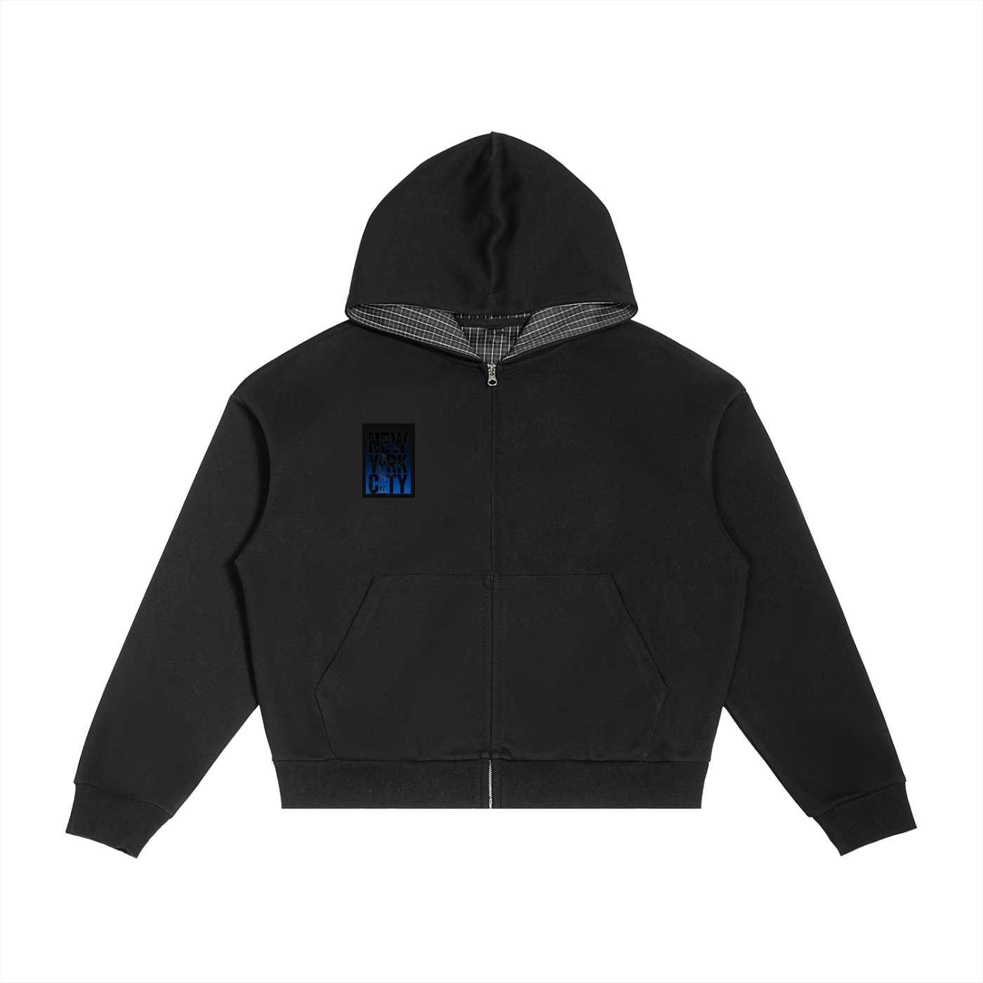 Contrast Plaid Boxy Zip Hoodie