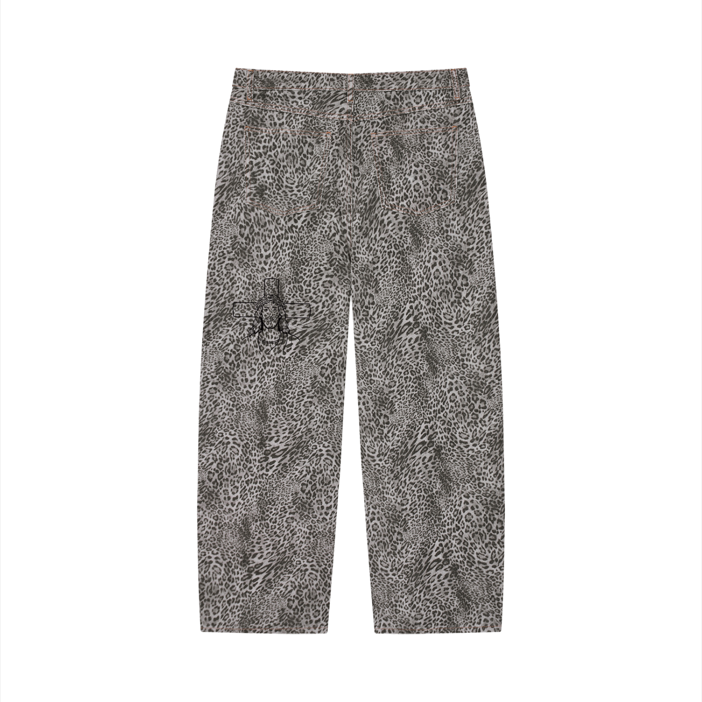JsUnisex Vintage Wash Leopard Wide Leg Jeans