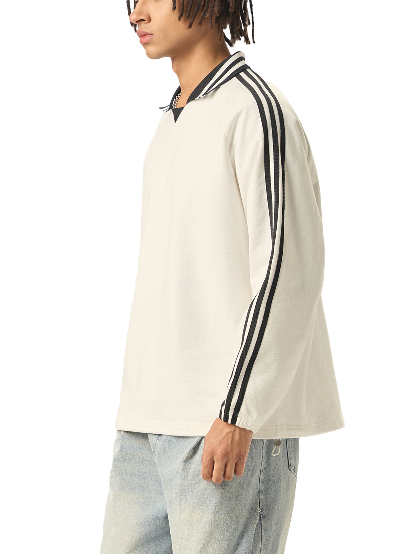 DupI9i, Contrast Striped Lapel Collar Sweatshirt