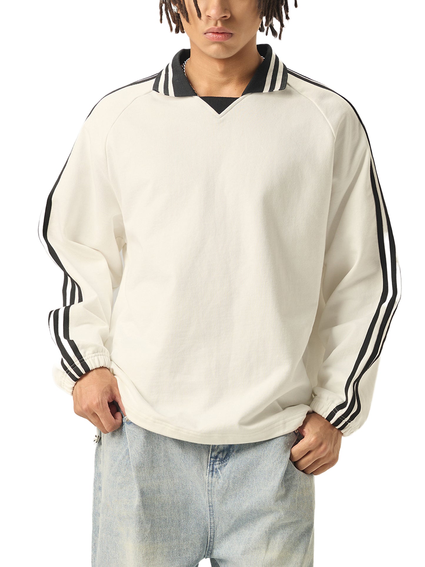 DupI9i, Contrast Striped Lapel Collar Sweatshirt