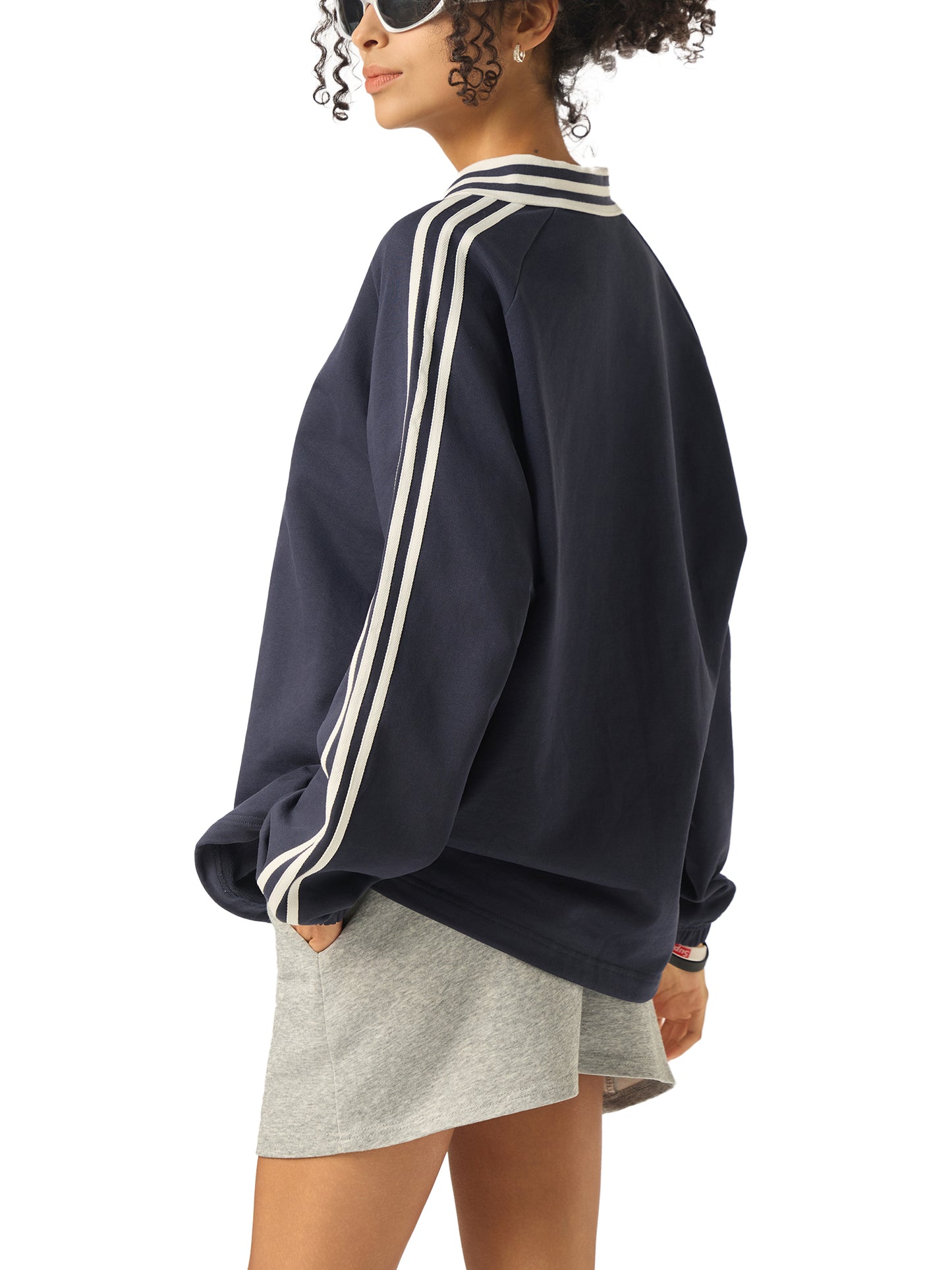 DupI9i, Contrast Striped Lapel Collar Sweatshirt