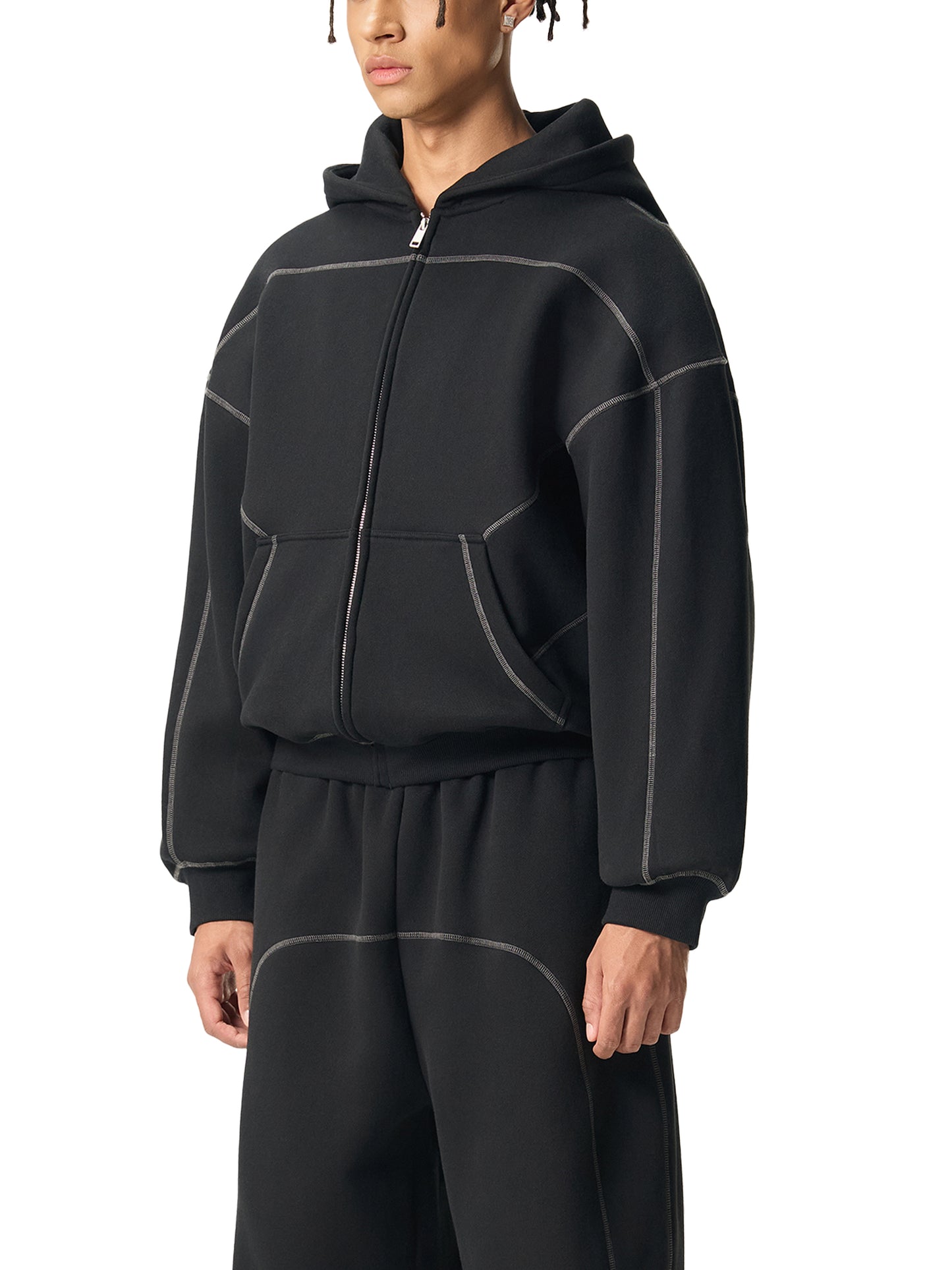 Faith DupI, Contrast-Stitched Boxy Fleece Zip Hoodie