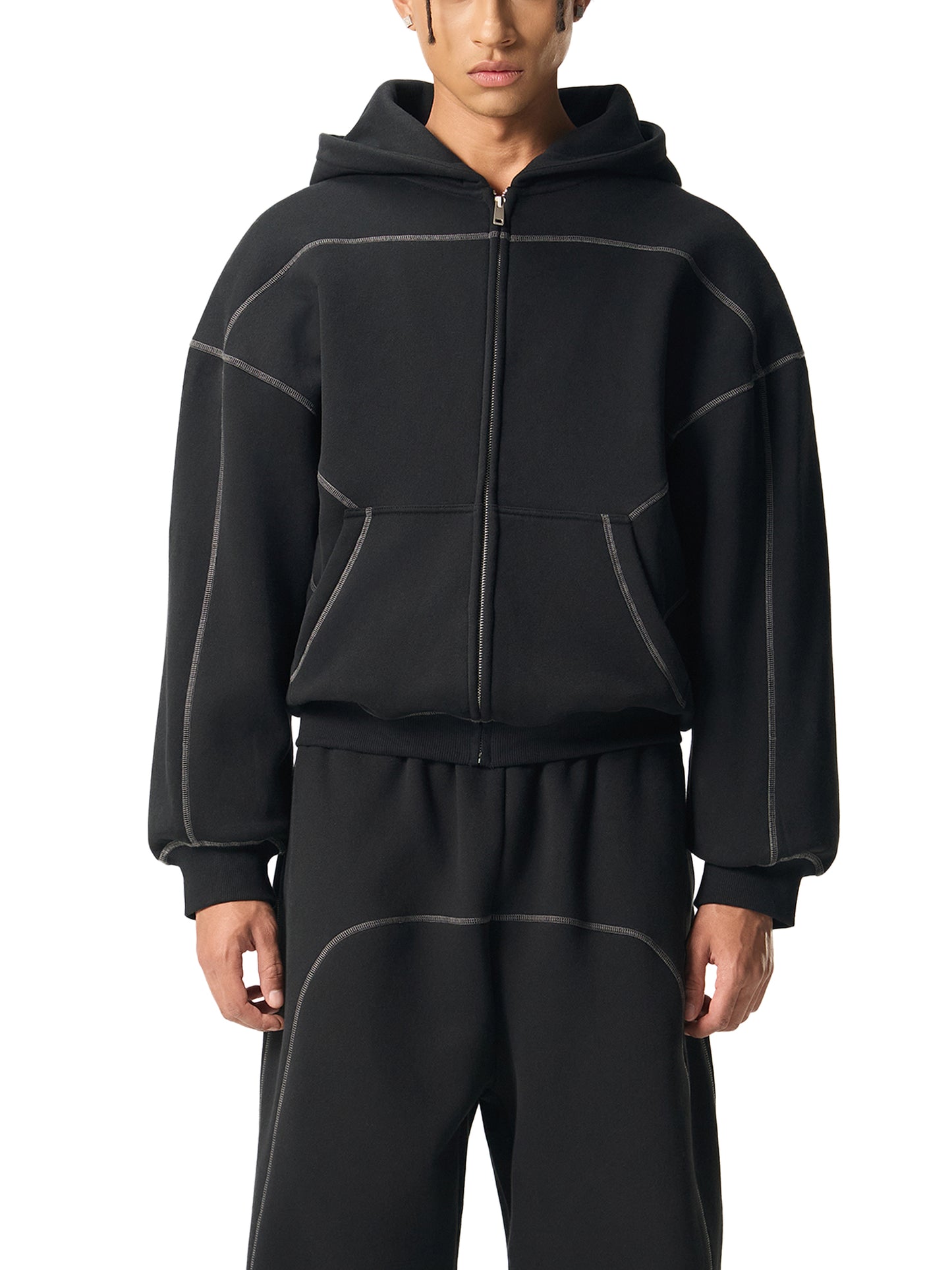 Faith DupI, Contrast-Stitched Boxy Fleece Zip Hoodie