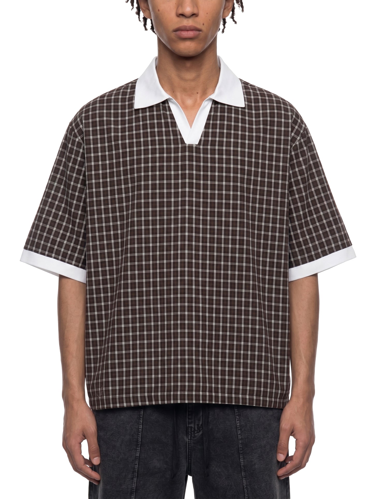 Kings Of Cards DupI, Unisex Boxy Plaid Color Block Polo Shirt