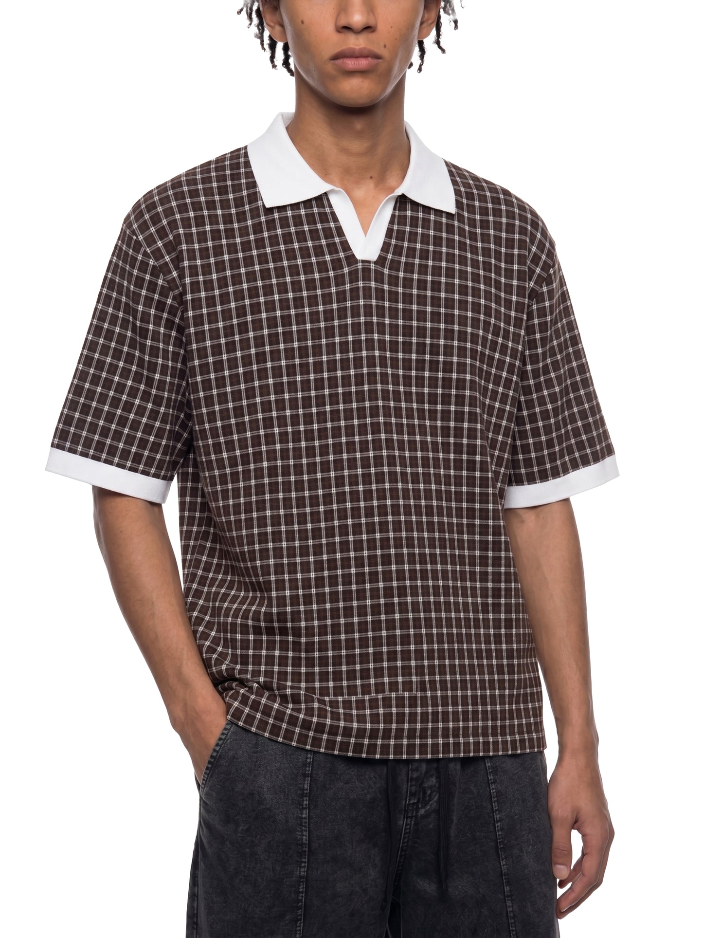 Kings Of Cards DupI, Unisex Boxy Plaid Color Block Polo Shirt